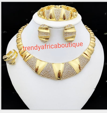 Elegant Dubai 4pcs 18k electroplated choker necklace with crystal stones: matching earrings, bangle & adjustable ring. hypoallergenic plating. Sold as a set and price is for the set. As shown in display photo.