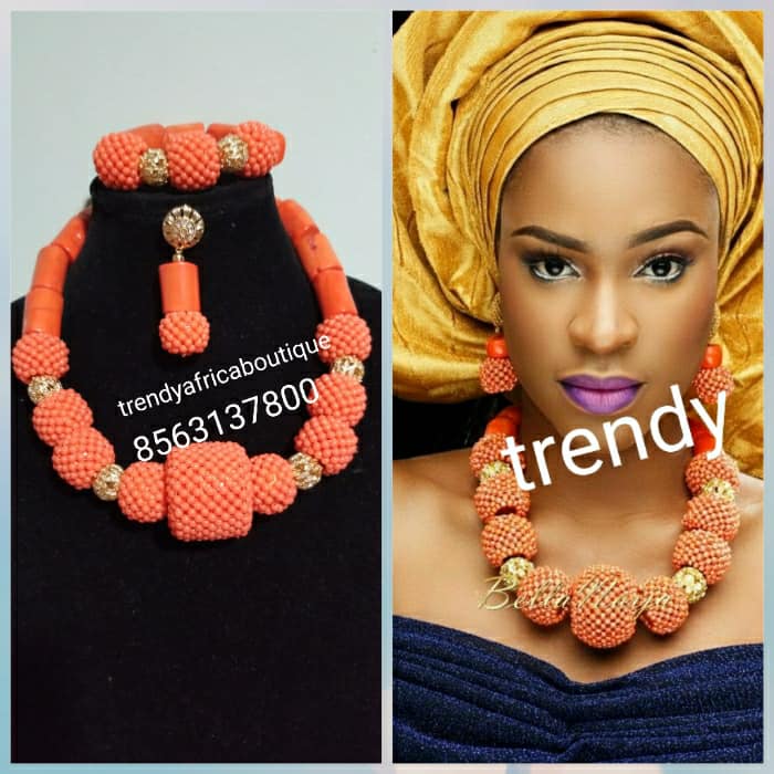 Sale: Nigerian/Edo Coral beaded necklace set. 3pcs traditional Edo cor ...