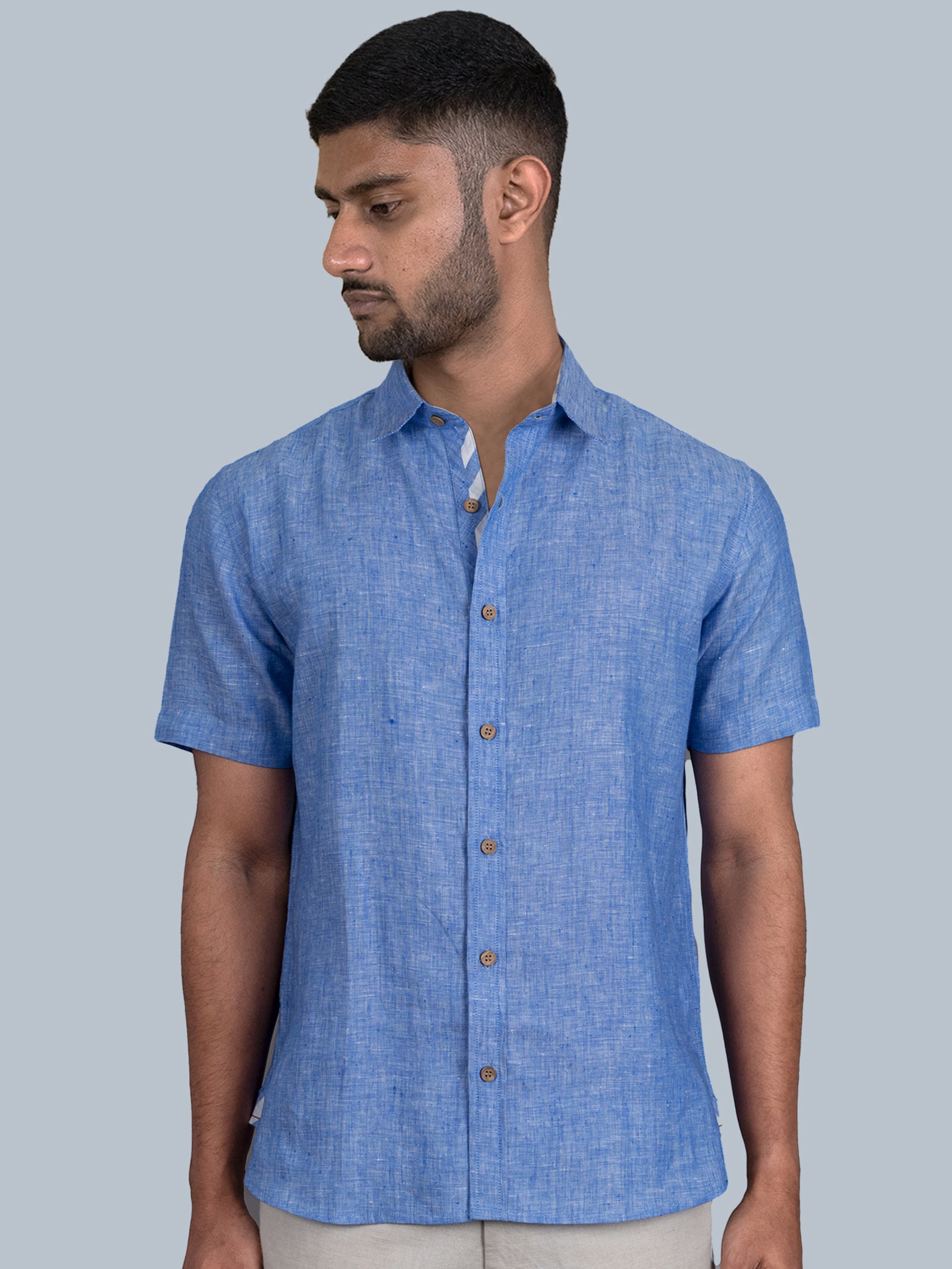 Blue Pure Linen Chambray Half Sleeve Shirt – Linen Trail