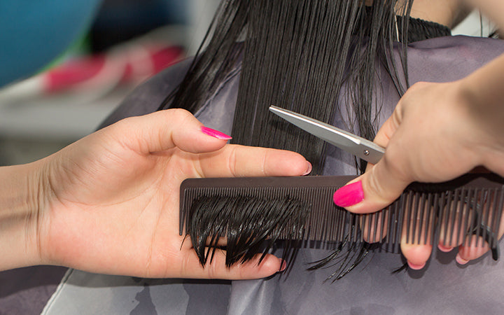 Hairdresser cutting client's hair in beauty salon