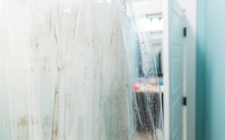 plastic interior shower curtain in a light aqua bathroom