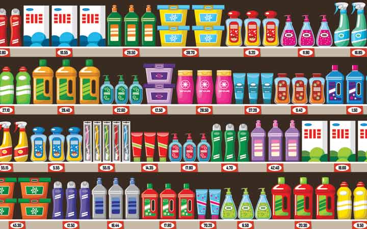 shelves with household chemicals in shop