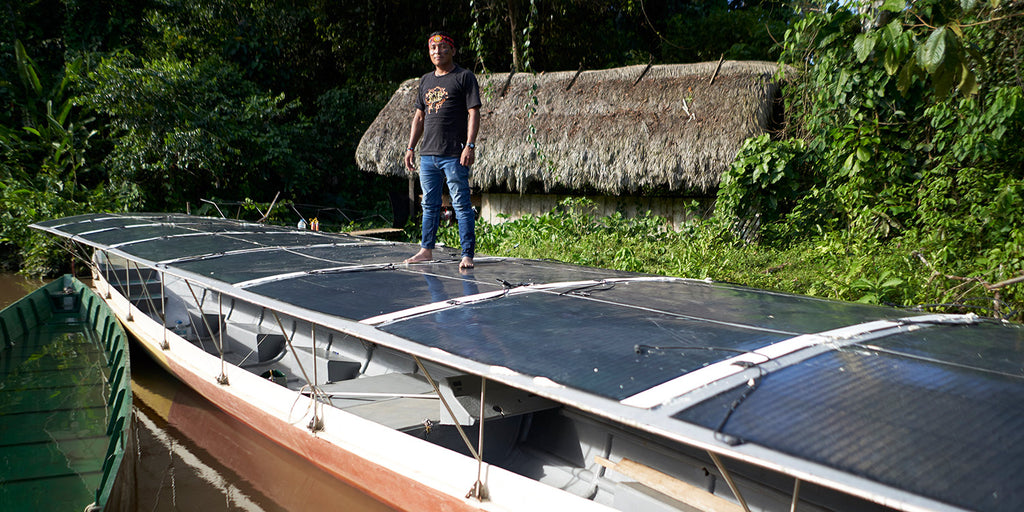 Amazone Rainforest Canoes use Torqeedo Cruise Electric Outboard Motors and Solar Panel Roof
