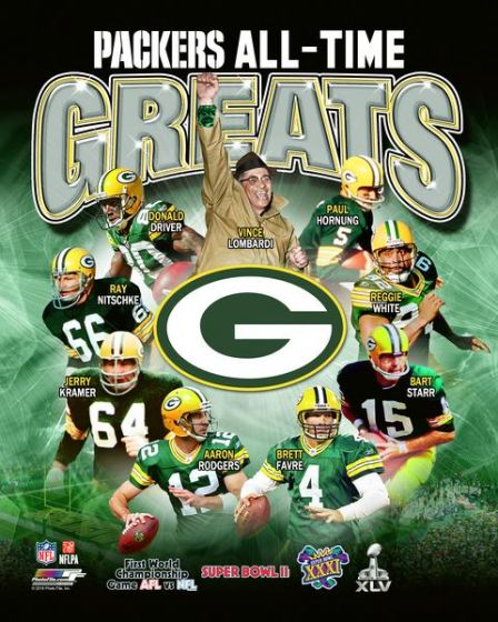 Green Bay Packers "All-Time Greats" (9 Legends, 4 Super Bowls) Premium Poster Print - Photofile