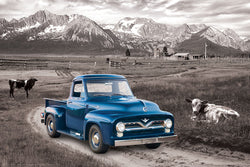 Ford F-100 Pickup Truck (1954 Model) on a Mountain Ranch Farm Classic Automotive Poster - Eurographics