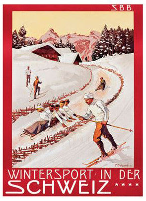 Vintage Skiing "Wintersport in der Schweiz" (P. Colombi, 1904) Poster Reprint - A.A.C.