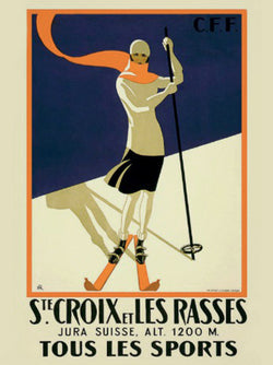 Skiing "Ste. Croix et les Rasses" c.1922 Vintage Jura, Switzerland Ski Poster Reprint- Hope Street Editions