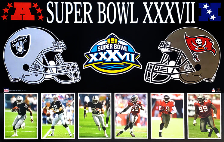 Super Bowl XXXVII Tampa Bay Bucs vs Oakland Raiders "Dueling Helmets" – Sports Poster Warehouse