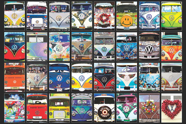 Volkswagen Bus "Cool Faces" (18 Front Ends) Automobile Collage Poster - Eurographics