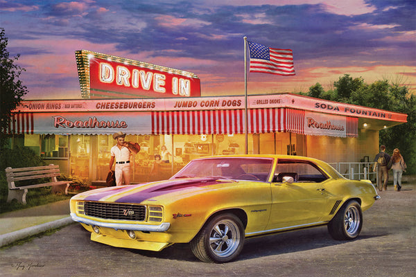 Yellow Chevrolet Camaro Z/28 Rally Sport at Diner "American Dream" Poster by Greg Giordano - Eurographics