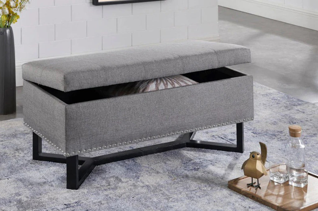 Emerson Fabric Studded Double Bench Ottoman (Gray)