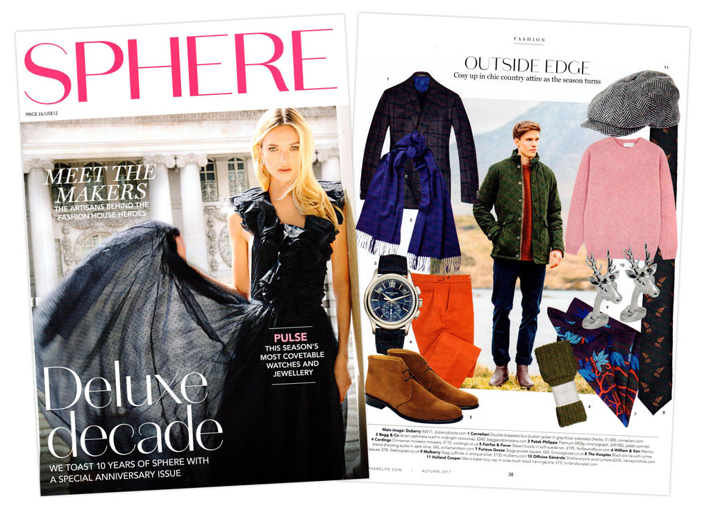 Furious Goose featured in luxury magazine Sphere Autumn 2017 – Pocket Squares, Silk Scarves, Pochette, Made in England