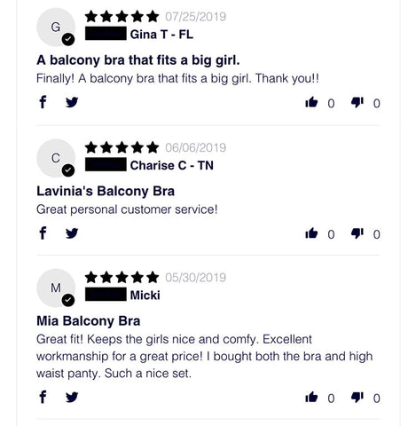 5-star customer reviews for the 'Mia' bra by Lavinia Lingerie