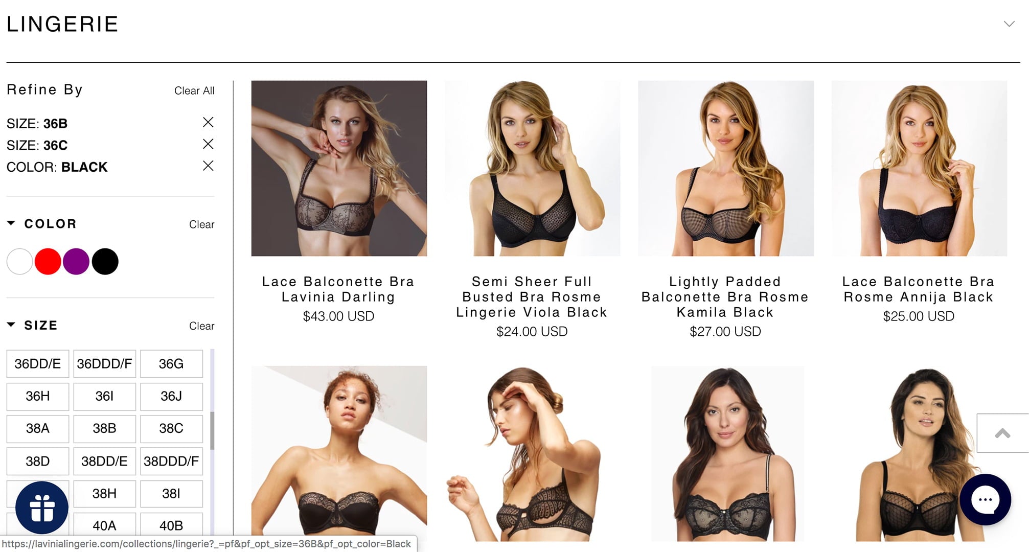 Lavinia Lingerie website filtering system for easy shopping