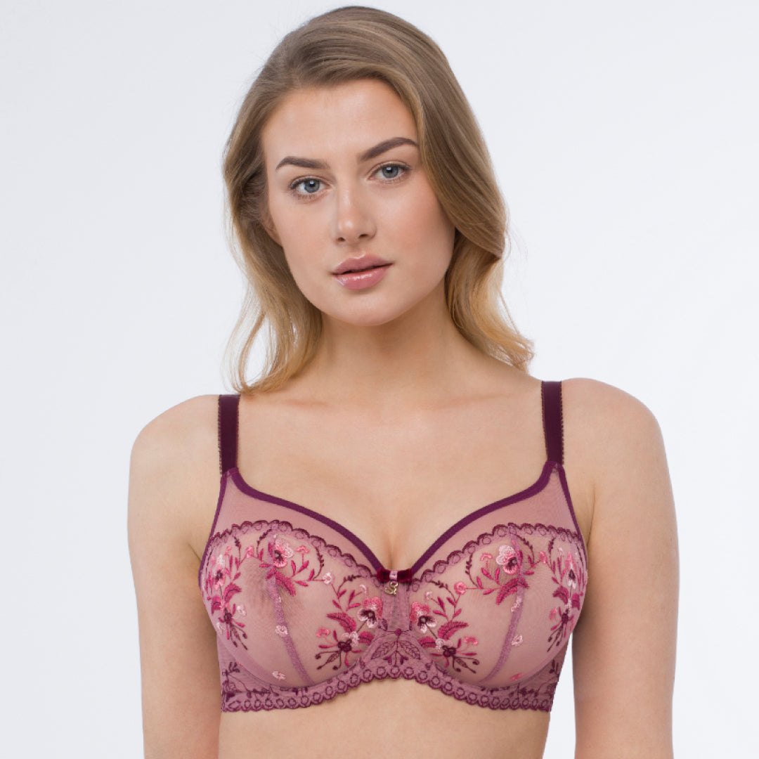 Sheer Mesh Embroidered Full Cup Bra Viola
