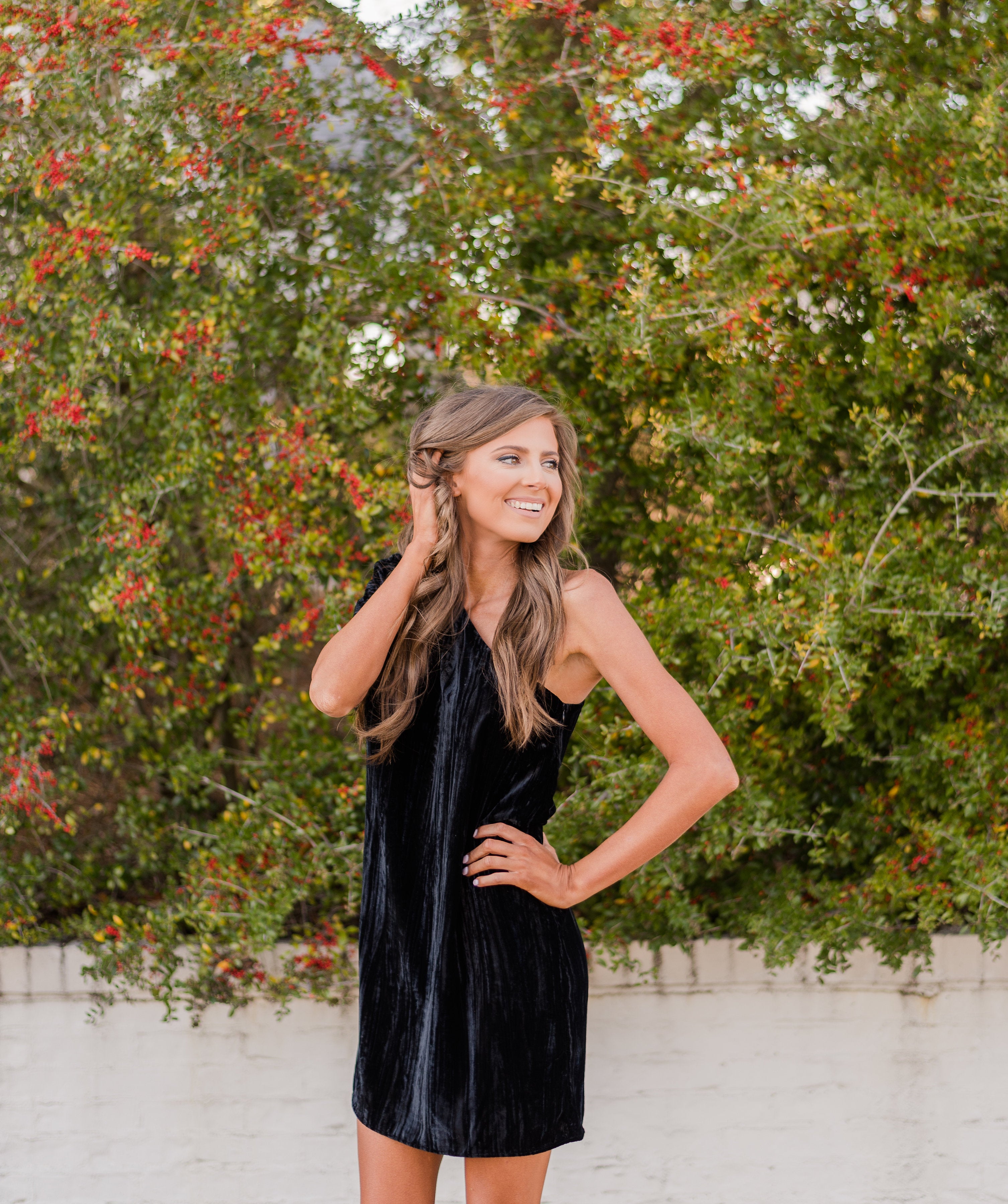 Velvet One Shoulder Dress-Black