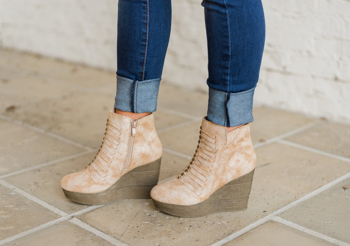 beige wedge booties