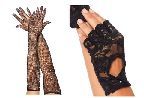 black rhinestone fishnet gloves // black lace gloves