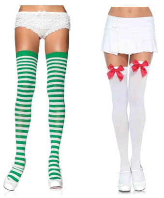 Green Striped Thigh High Socks // White thigh high socks with red bows