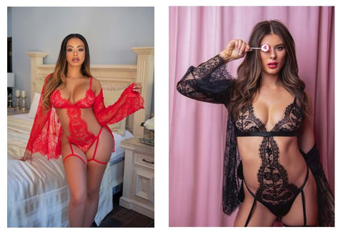 red and black robe and teddy bodysuit lingerie set