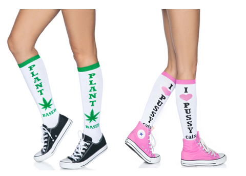 Funny Plant Based Green Knee High Socks / Funny Pink Pussycat Knee High Socks
