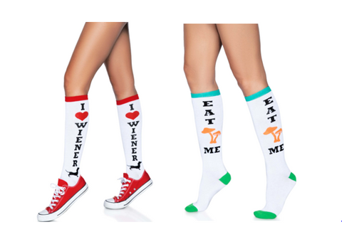 Funny Wiener Dog Red Knee High Socks / Funny Eat Me Green and Blue Knee High Socks