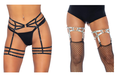 Black Rhinestone Garter Belt / Dual Strap Holographic Stud Thigh High Heart Garter