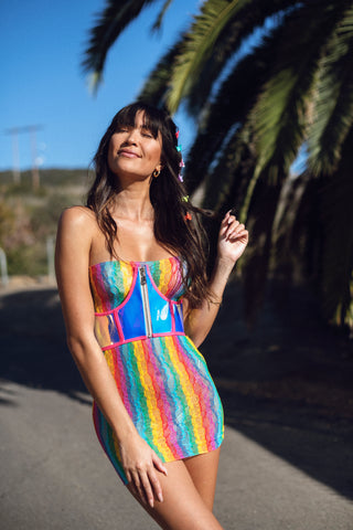 Holographic Underbust Corset and Rainbow Strapless Romper