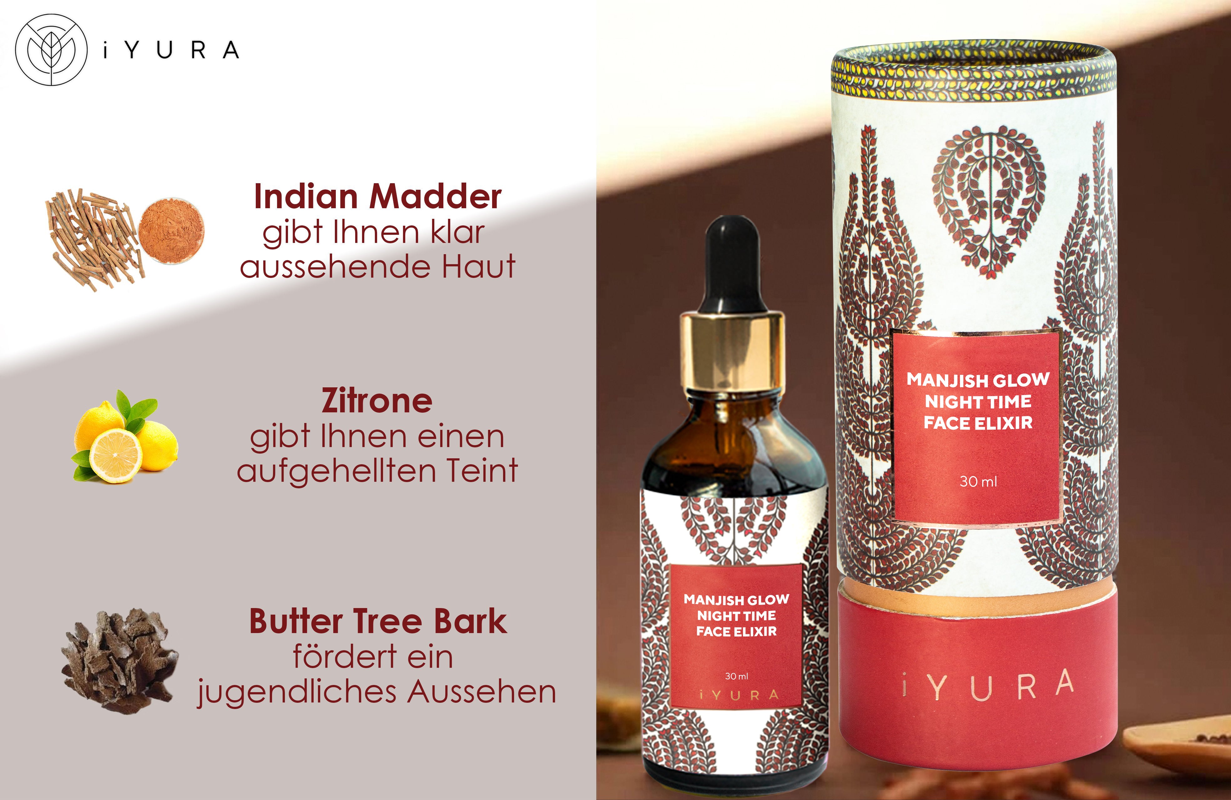 3 Key Ingredients: Indian Madder - gives you clear-looking skin; Lemon - gives you a brightened complexion & Butter Tree Bark - promotes a youthful appearance shown with a bottle of iYURA Manjish Glow Elixir