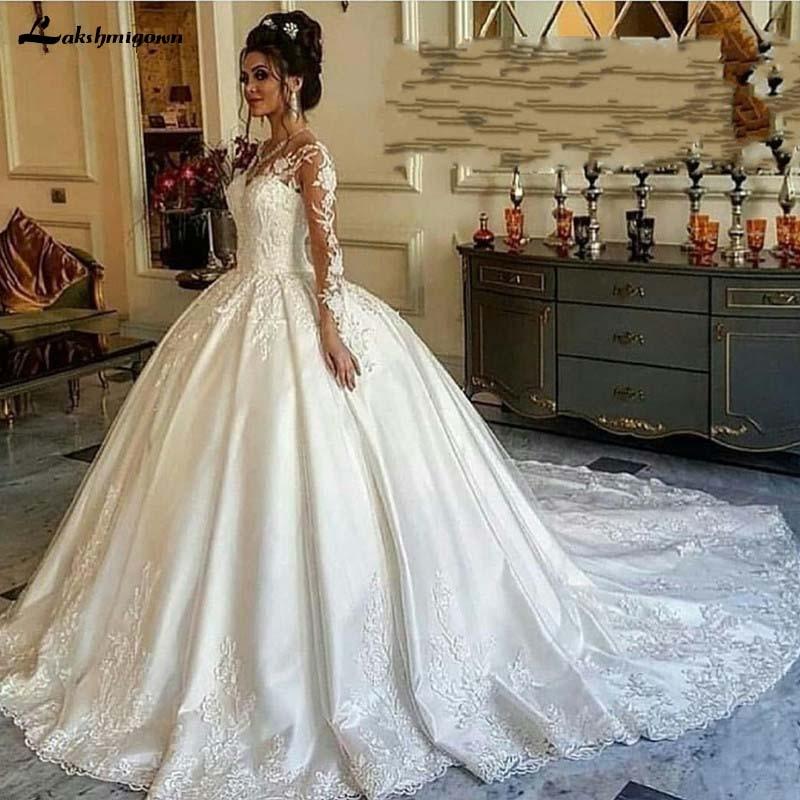 Luxury Long Sleeve Muslim Satin Wedding Dress Ball Gown Roycebridal Official Store 0150