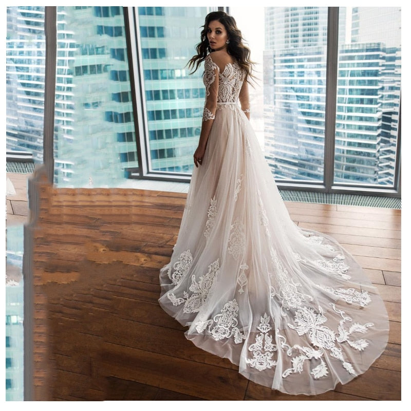 Elegant 3/4 Sleeve Wedding Dresses 2021 A-Line Lace Appliques Button Belt Sweep Train Tulle Bridal Gown Vestidos De Noiva