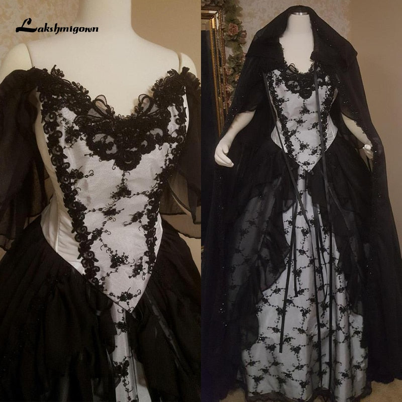 Lakshmigown Black Gothic Wedding Dresses with Cape Overskirt Double Ch ...