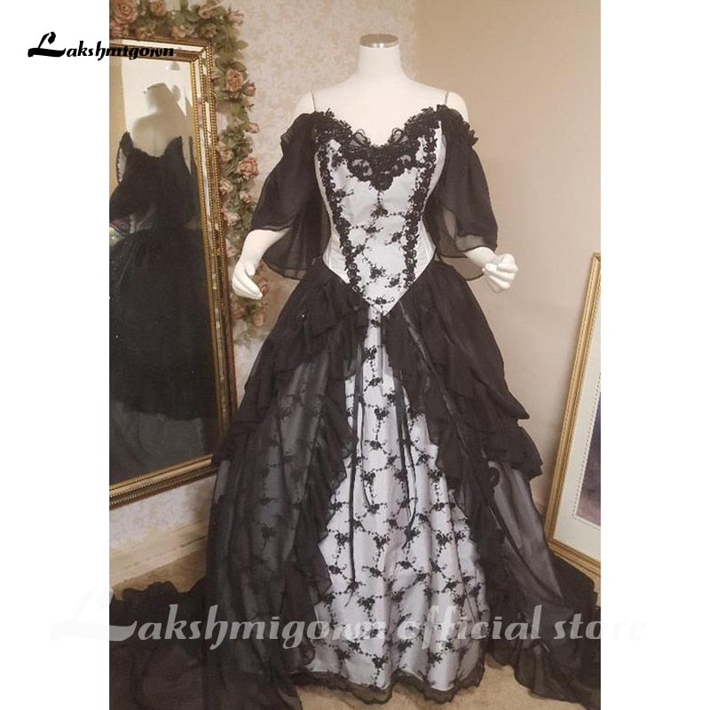 Lakshmigown Black Gothic Wedding Dresses With Cape Overskirt Double Ch Roycebridal Official Store 