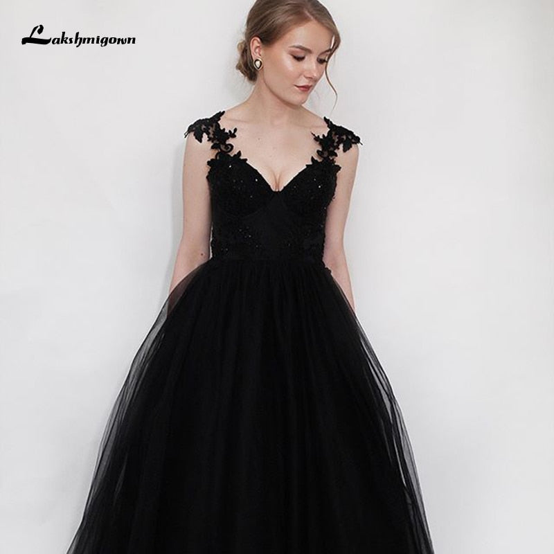 Lakshmigown Black Lace Gothic Wedding Dresses V Neck Appliques Beading Roycebridal Official Store 