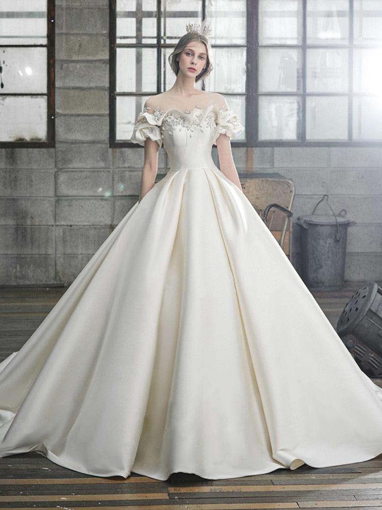 Off The Shoulder Flower Satin Wedding Dress 2021 New Floor Length Ligh ...