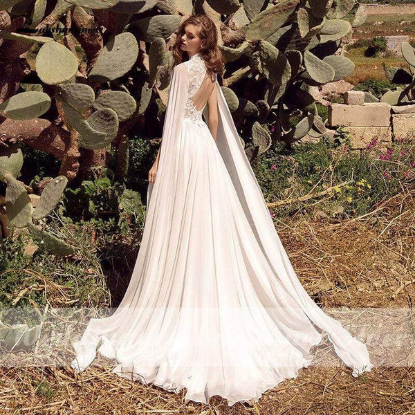 Simple Beach Boho Wedding Dresses with Cape Open Back Lace ...