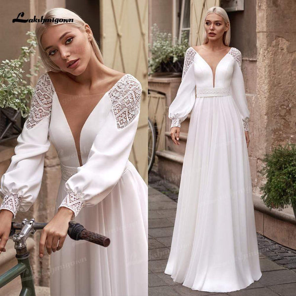 Vestidos Simple Boho Long Sleeve Wedding Dresses 2021 V Neck Robe Long ...