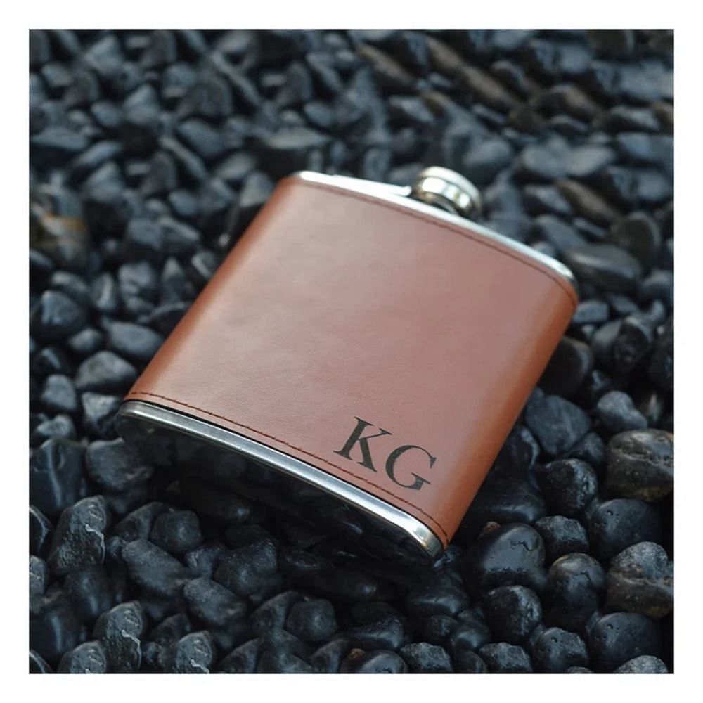 Personalized Brown PU Leather Flask - customizedgift