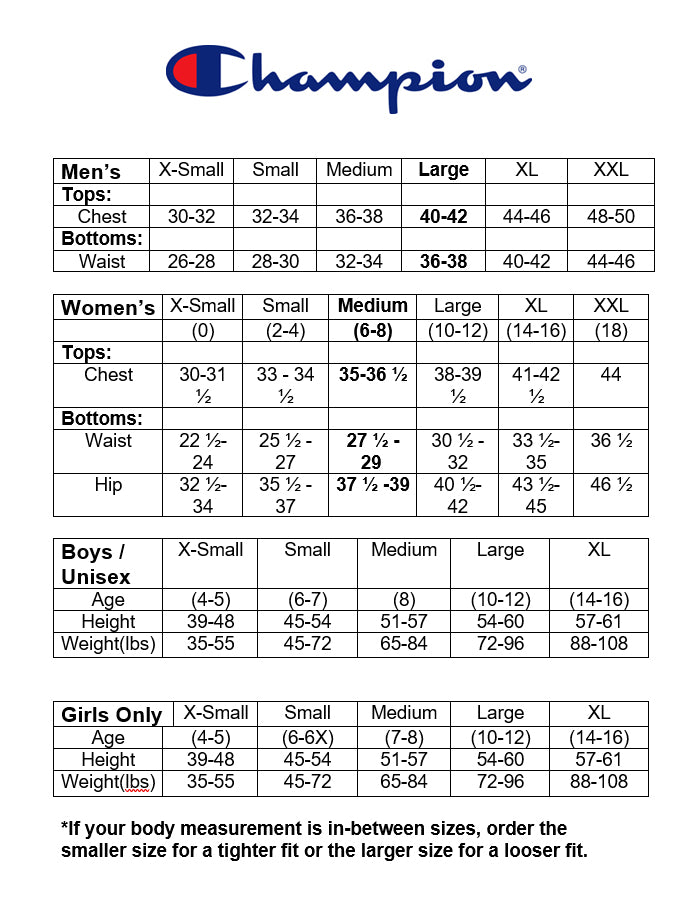 champion shorts size chart