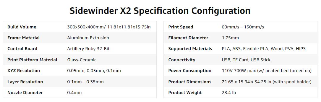 Artillery Sidewinder X2 3D Printer