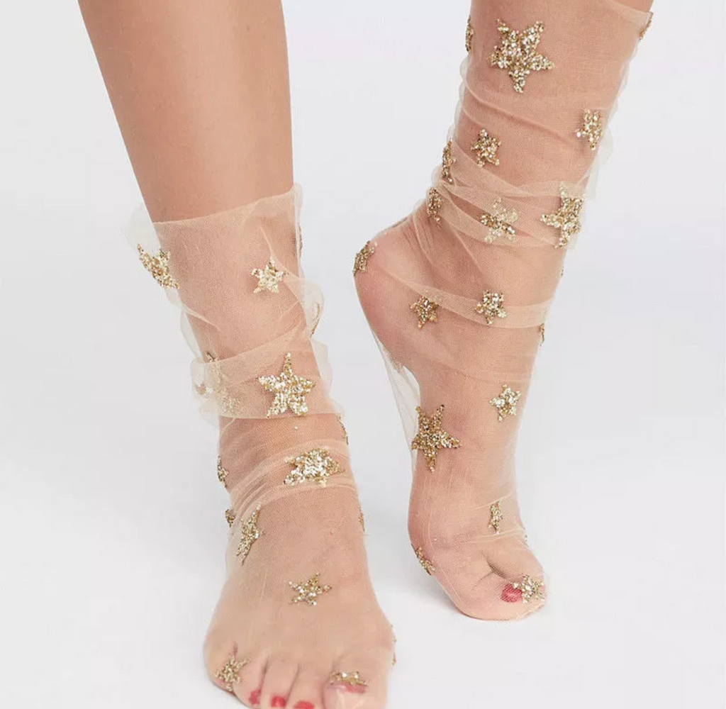 Glitter and Stars Tulle Socks, Sheer Socks, Gold Socks – Pompees