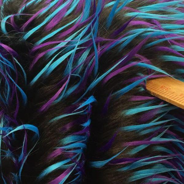 Turquoise Purple on Black Three Tone Spiked Faux Fur Fabric | iFabric