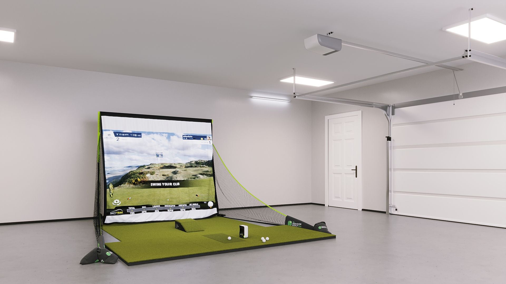 SkyTrak Bronze Golf Simulator Package with SIGPRO Golf Net and 4x10 Golf Mat in garage.