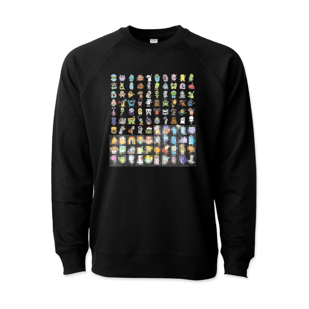 Product photo of the front of 100 Monster Crewneck (Exchanges Only): black design with 100 monsters with bottom half burred displayed in a square shape