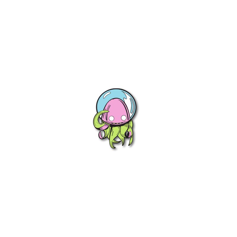 Enamel pin photo of 2021 - Day 11 - Aye Aye Probably: green and pink squid-like monster with a blue fishbowl over it's head