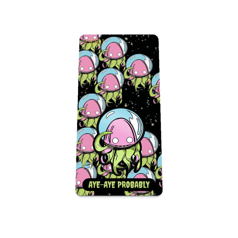 Product photo of the front of the collector’s of 2021 - Day 11 - Aye Aye Probably. It has a black background with repeating green and pink squid-like monsters with a blue fishbowl over it's head. Green 'AYE-AYE PROBABLY'' text.