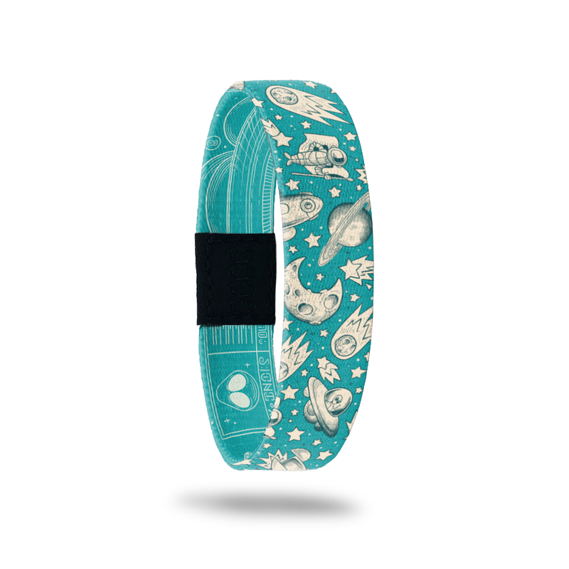 Accept The Challenge-Sold Out - Singles-ZOX - This item is sold out and will not be restocked. Teal background with space images in a vintage drawing style. Images include Saturn, astronaut, meteor, moon, rocket.