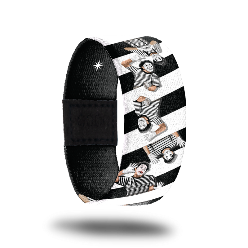 Actions Speak Louder Than Words-Sold Out-ZOX - This item is sold out and will not be restocked. Black and white zig zag lines.  Has an image of a Mime with black and white striped shirt, face paint, black hat and making various faces. 