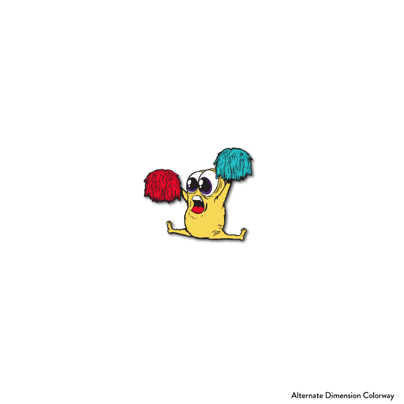 Enamel pin photo for 2021 - Day 1 - Rah Rah Ralph: yellow monster with big eyes doing a split while holding up a red and turquoise pom pom