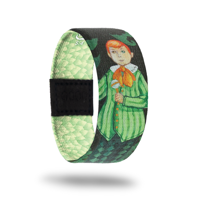 Assume Nothing-Sold Out-ZOX - This item is sold out and will not be restocked. Green strap with light green diamond shapes and leaves. Has a red-headed boy in all green and says "dum" on his collar. Inspired by Alice in Wonderland's Tweedle Dee and Tweedle Dum. This is part of the Wonderland mini collection. 